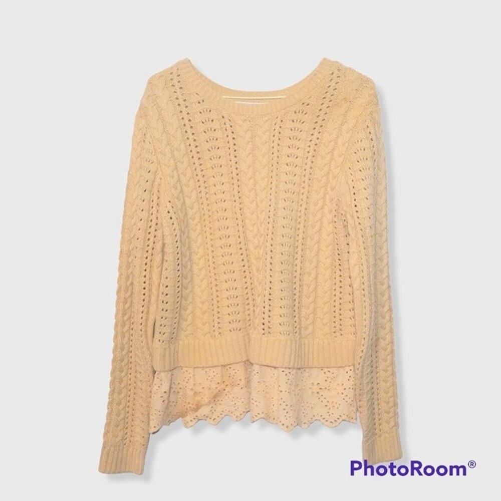 Nitt by Flying Tomato Small Cable Knit Sweater-Crochet-Eyelet-Tan-L/S-Flaw